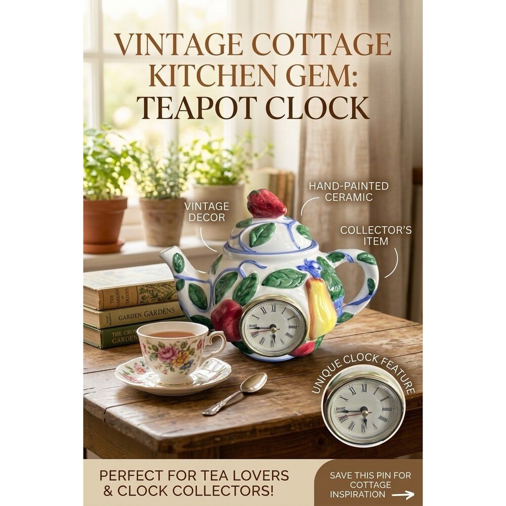 Vintage Ceramic Teapot Clock Fruit & Rooster Cottagecore Tabletop Clock Decor